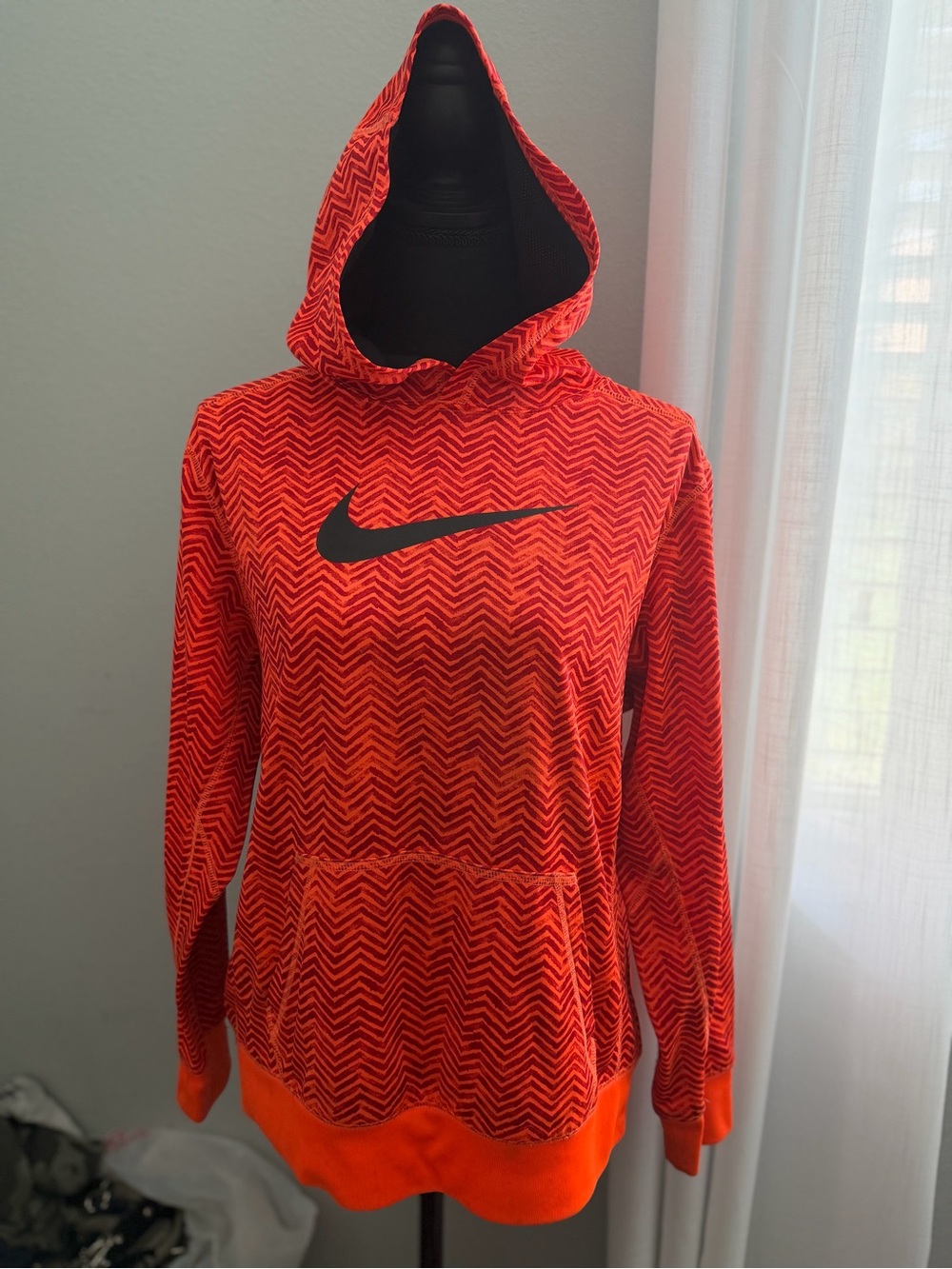 Nike Red-Orange Chevron Pullover Hoodie with Black Swoosh